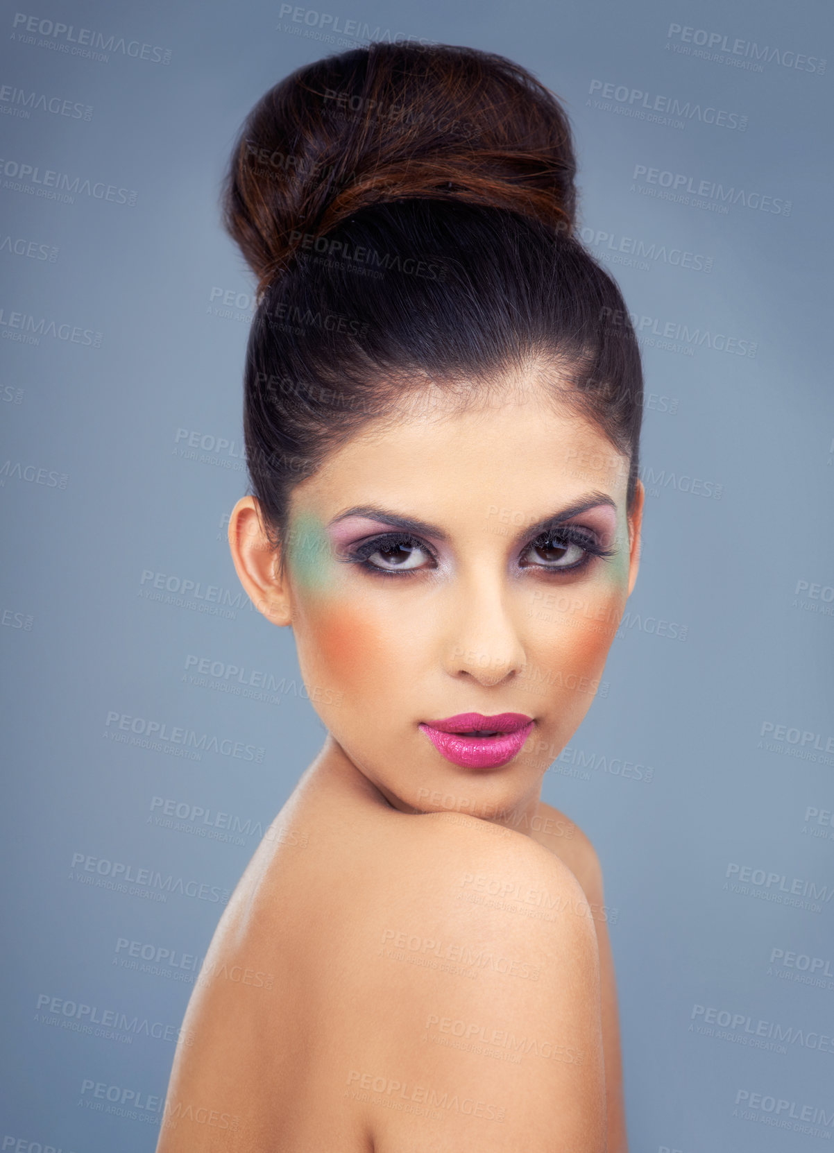 Buy stock photo Colorful, makeup and creative portrait with woman in studio and gray background with beauty. Cosmetics, creativity and model with unique identity or rainbow aesthetic with confidence in skincare