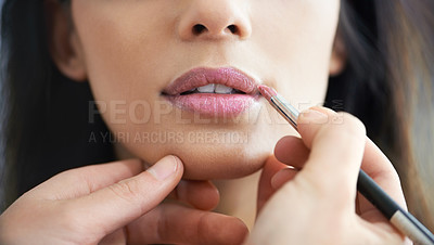 Buy stock photo Hands, lipstick and makeup artist of gloss on mouth, woman and skincare or cosmetics and aesthetic. Female person, closeup and facial treatment for beauty, application and grooming for dermatology