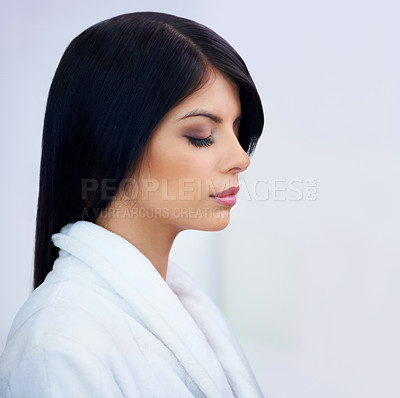Buy stock photo Woman, profile and skincare or makeup in studio, cosmetics and bathrobe for pamper aesthetic. Female person, white background and facial treatment for beauty, dermatology and glowing in daily routine
