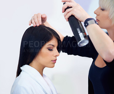 Buy stock photo Woman, salon and hairspray for treatment, haircare and beauty with hairdresser or hair stylist. Person, backstage and beautician for glamour, style and cosmetics for behind the scenes preparation