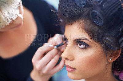 Buy stock photo Women, beautician and makeup or cosmetics with beauty for glamour, skincare or cosmetology with wellness. Model, people and hairdresser or professional with client for product application or haircare