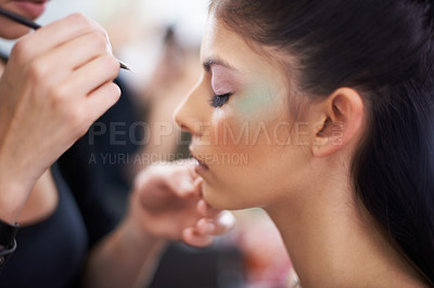 Buy stock photo Woman, profile and makeup artist with hands for beauty, beautician and brush for color powder and glamour. Eyeshadow, cosmetology and face cosmetic care with people backstage for styling and makeover