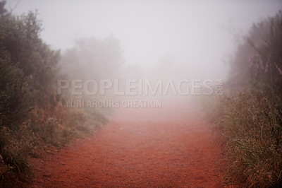 Buy stock photo Nature, landscape and fog in a forest outdoor for travel, journey or morning, peace and winter adventure. Mountain path, weather and environment for camping, hiking or backpacking vacation or trip