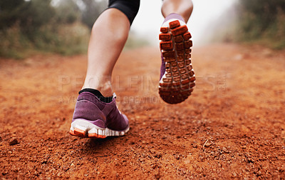 Buy stock photo Fitness, shoes and running woman in park closeup for training, exercise or wellness outdoor. Workout, sneakers and legs of female runner in nature for morning cardio, sports or marathon run routine