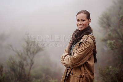 Buy stock photo Travel, portrait and happy woman with arms crossed in nature for hiking, wellness or walk outdoor in winter. Face, pride person outdoor for fresh air, camping or adventure, journey or campsite fun