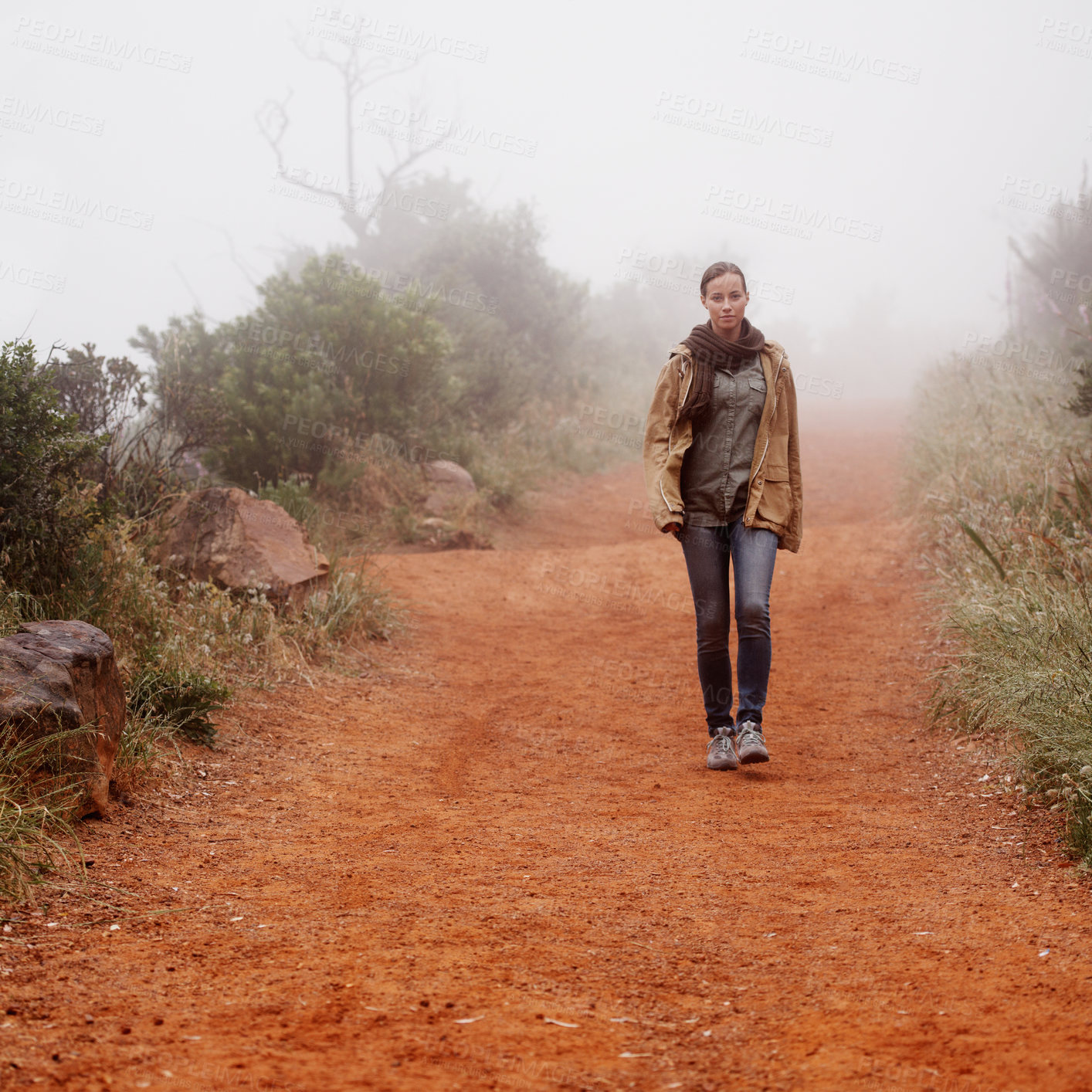 Buy stock photo Winter, hiking and woman walking in nature for travel, wellness or morning break outdoor. Path, trekking and calm female person in a forest for fresh air, holiday or adventure, journey or discovery