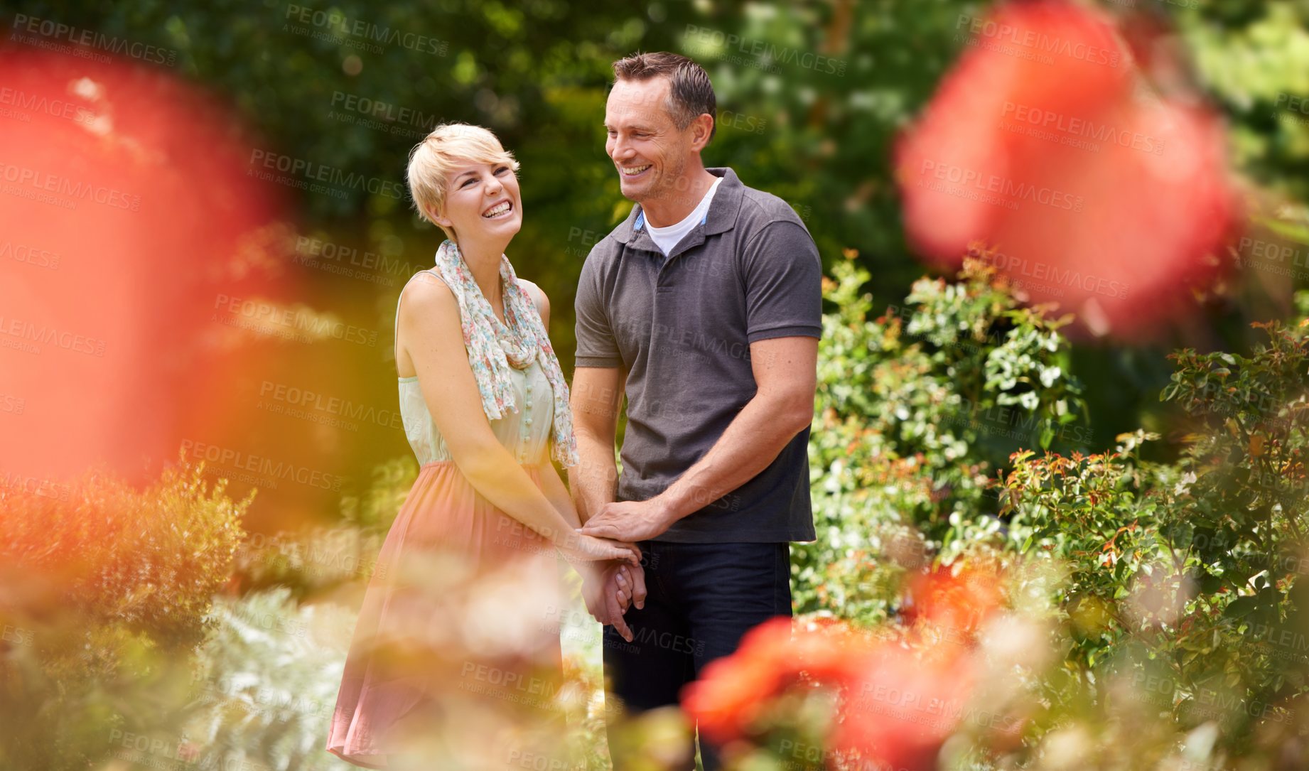 Buy stock photo Love, holding hands and happy couple in a park with care, support and trust while bonding outdoor. Affection, travel and people in a field of flowers for holiday, vacation or romantic summer date