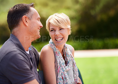 Buy stock photo Love, laugh and couple in a park with conversation, chat or romantic bonding in nature together. Comic, trust and people in a forest for travel, vacation or holiday, trip or date outdoor with support