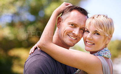 Buy stock photo Hug, smile or portrait of couple in nature with love, trust and support, security or solidarity outdoor. Happy, face and people embrace in a park for bonding, care or romantic date in London together