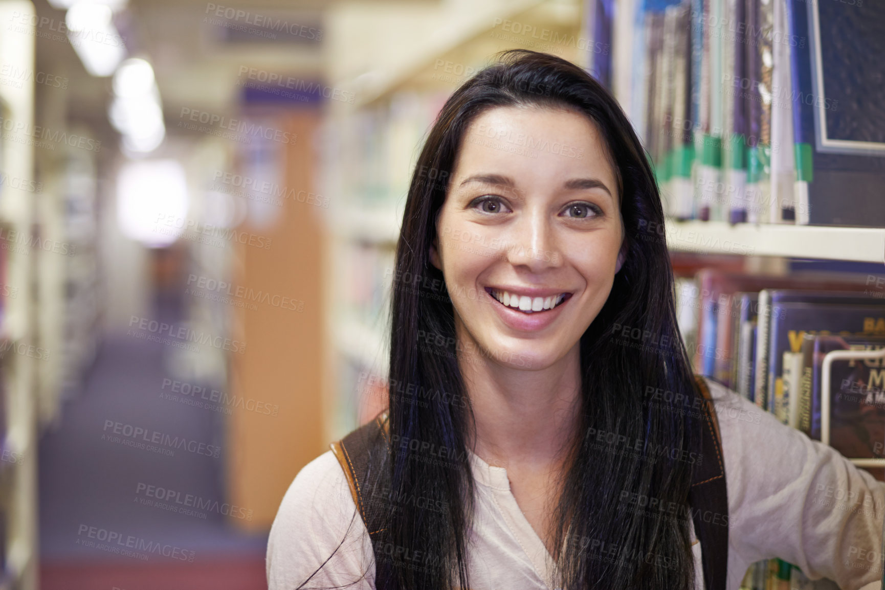 Buy stock photo Smile, student and portrait of woman in library for studying at university for test, exam or assignment. Happy, education and confident young female person by books at college campus or academy.