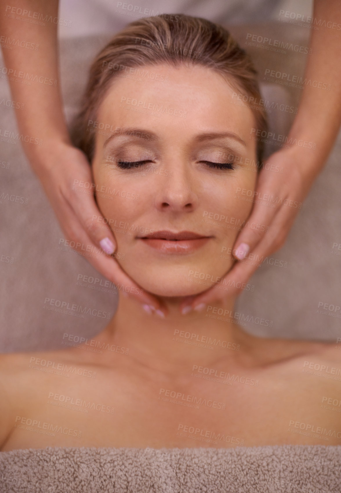 Buy stock photo Massage, top view and woman with face, wellness and luxury hospitality with stress relief. Person, skincare and girl with health and grooming with treatment and customer with beauty and pampering