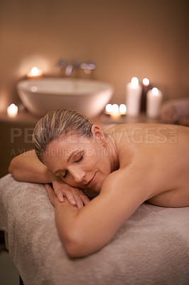 Buy stock photo Massage, relax and woman with vacation, spa and stress relief with hospitality industry and vacation. Person, customer and girl on a table and wellness with beauty and happy with holiday and detox
