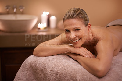 Buy stock photo Portrait, massage and relax with woman, peace and luxury with wellness and spa with skincare. Face, candles and mature person with health or zen with stress relief or vacation with self care or detox