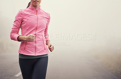Buy stock photo Fog, fitness and person running on road outdoor for healthy body, wellness and training for sports on mockup space in winter. Mist, exercise and athlete workout for cardio, race or energy in nature
