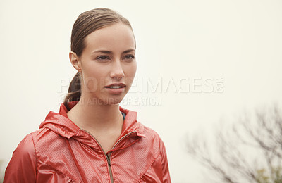 Buy stock photo Woman, face and fitness in nature with fog for hiking, exercise and workout outdoor with confidence. Athlete, person and mockup space with pride for running, training and sportswear for healthy body