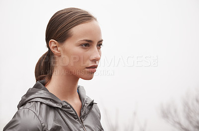 Buy stock photo Woman, face and fitness outdoor with fog for hiking, exercise and workout in nature with confidence. Athlete, person and mockup space with pride for running, training and sportswear for healthy body