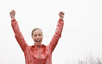 Buy stock photo Fitness, portrait and happy woman in celebration outdoor for victory with fog in winter. Face, success and cheers of excited person with sports achievement, goal and winner on mockup space with mist