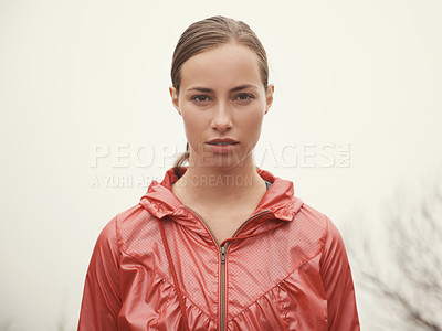 Buy stock photo Woman, portrait and fitness outdoor with fog for hiking, exercise and workout in nature with confidence. Athlete, person and face with pride for running, training and sportswear for healthy body
