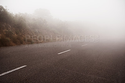 Buy stock photo Road, landscape and fog outdoor on highway for travel, vacation or holiday in spring on a background. Asphalt, environment and street with mist in countryside, nature or path in the morning in Sweden