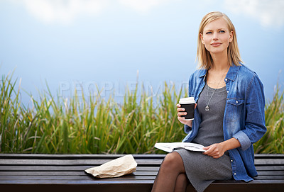 Buy stock photo Coffee, park and woman on bench thinking with books for lunch break, relax and calm in nature. Contemplating, reading and person outdoors with caffeine drink, beverage and tea by lake on weekend