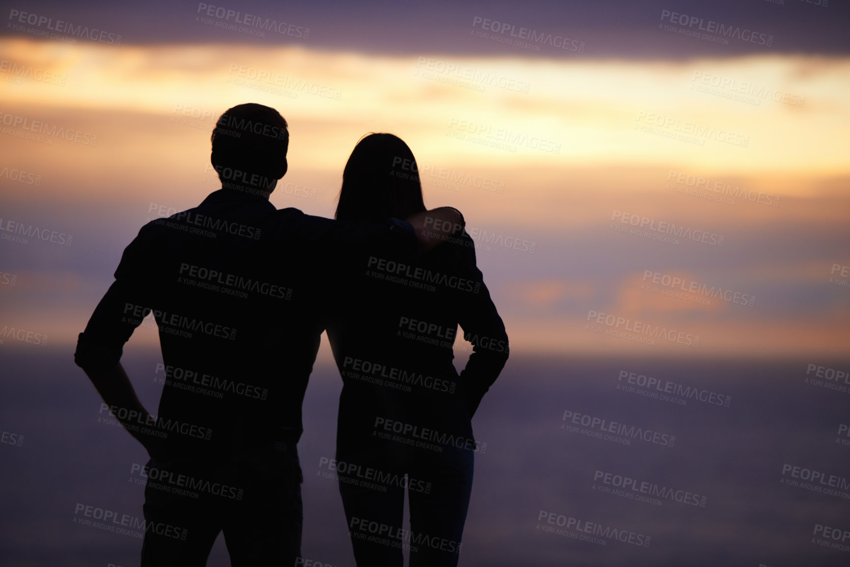 Buy stock photo Back, sunset sky and couple hug with silhouette, view outdoor with nature and travel together for love and bonding. Adventure, journey and people in environment, mockup space with support and trust