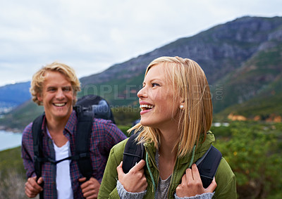 Buy stock photo Backpackers admiring a great view