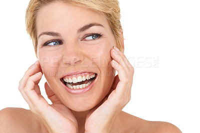 Buy stock photo Skincare, smile and happy woman with hands on face in studio for soft, beauty or clean aesthetic on white background. Dermatology, shine and model excited for anti aging cosmetic result satisfaction