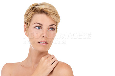 Buy stock photo Mockup, skincare or woman in studio for soft, beauty or clean, treatment or aesthetic on white background. Dermatology, shine or face of female model with anti aging, results or cosmetic satisfaction