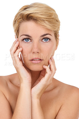 Buy stock photo Skincare, glow and woman with hands on face in studio for soft, beauty or clean aesthetic on white background. Dermatology, shine and portrait of female model with anti aging cosmetic satisfaction