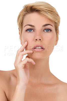 Buy stock photo Glow, skincare and woman with hand on face in studio for soft, beauty or clean aesthetic on white background. Dermatology, shine and portrait of female model with anti aging cosmetic satisfaction