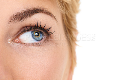Buy stock photo Closeup, eye and woman with beauty, vision and neutral eyeshadow isolated on white studio background. Person, cosmetics and girl with glamour look and mascara lashes with makeup or eyesight with iris
