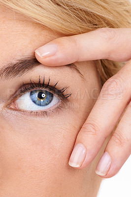 Buy stock photo Eye, wellness and face closeup of woman for optical care and eyelash extension with microblading. Eyebrows, model and natural with person and cosmetics with vision and beauty with health or mascara
