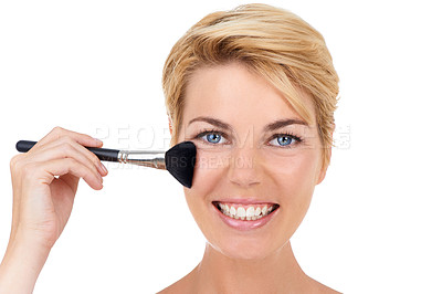 Buy stock photo Makeup, brush and face of woman on a white background for wellness, skincare and beauty. Cosmetology, dermatology and portrait of happy person with tools for cosmetics, blush and foundation in studio