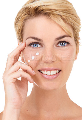Buy stock photo Cream, beauty and portrait of woman for skincare, wellness and facial care on white background. Dermatology, healthy skin and face of person for moisturizer, lotion or anti aging cosmetics in studio