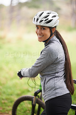 Buy stock photo Nature, cycling and portrait of woman with bicycle for fitness in an outdoor park training for race or marathon. Sport, exercise and female cyclist walking with bike for workout in field or forest.