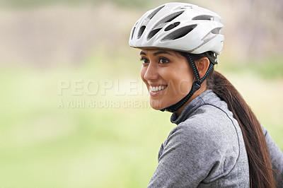 Buy stock photo Smile, cycling and woman in nature, thinking or dream on mockup space outdoor to exercise for fitness. Bicyclist, helmet and happy person travel on journey, adventure or workout for sports in summer