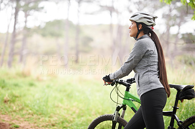 Buy stock photo Nature, cycling and woman with bicycle for fitness in an outdoor park training for race or marathon. Sport, exercise and female athlete cyclist walking with bike for workout in field, woods or forest