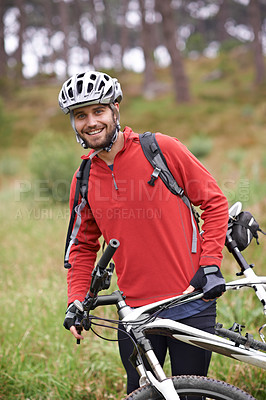 Buy stock photo Portrait, bike and man cycling in nature for adventure, discovery or off road sports hobby. Exercise, fitness and wellness with young cyclist on bicycle in countryside for cardio training or health