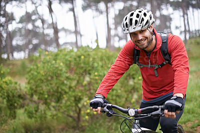 Buy stock photo Portrait, fitness and man cycling in countryside for adventure, discovery or off road sports hobby. Exercise, smile and health with young cyclist on bike in nature for cardio training or workout