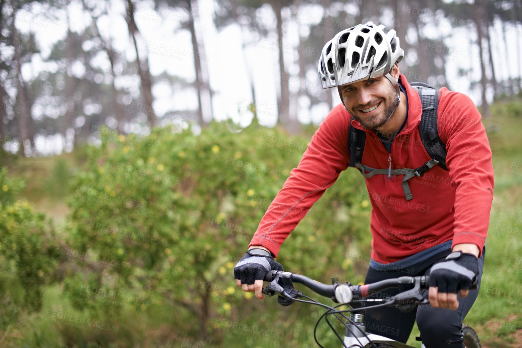 Buy stock photo Portrait, fitness and man cycling in countryside for adventure, discovery or off road sports hobby. Exercise, smile and health with young cyclist on bike in nature for cardio training or workout