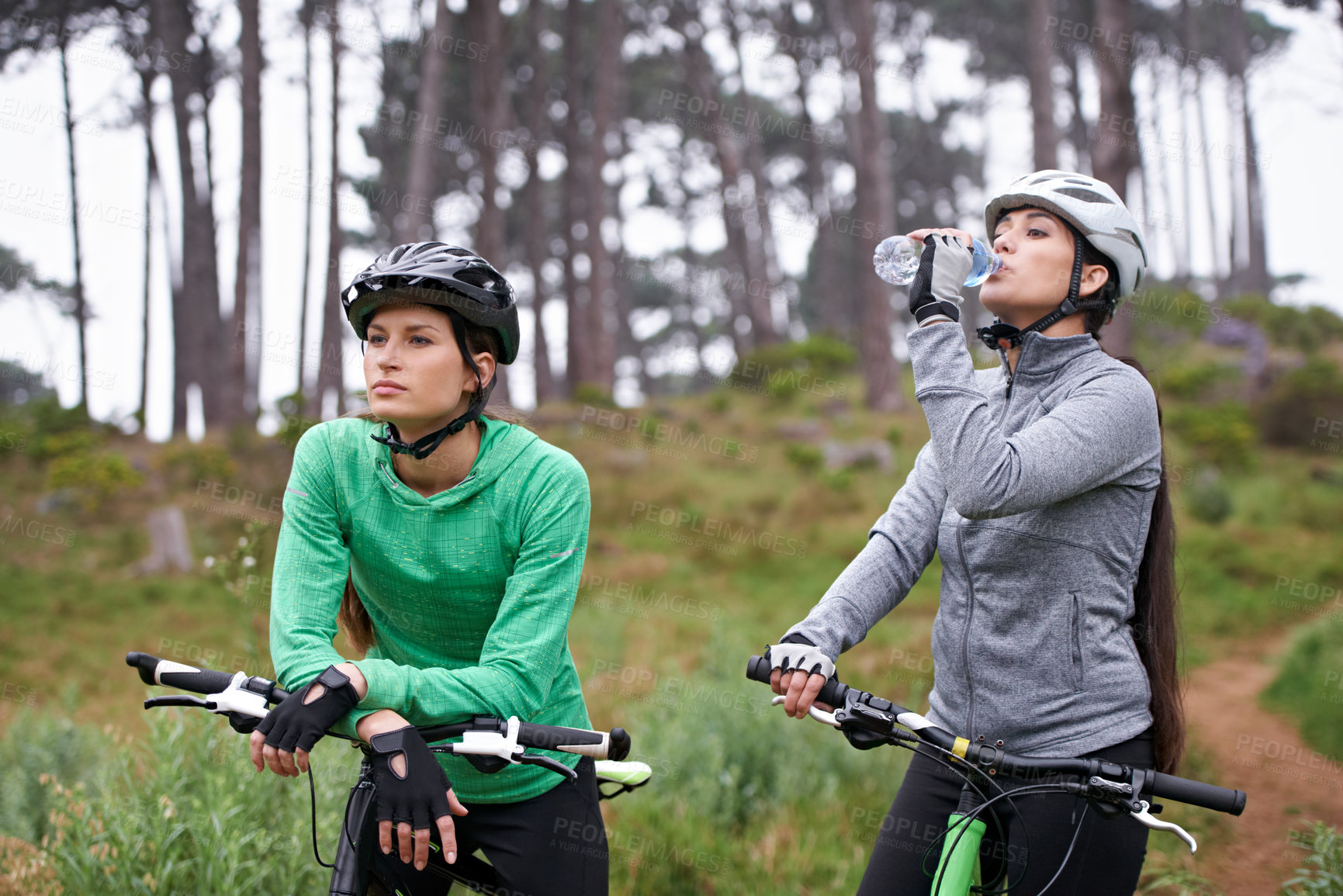 Buy stock photo Woman, friends and drinking water in nature with bicycle for cycling, fitness or break on off road trail or path. Thirsty female person or cyclist with beverage in forest or rest for outdoor workout