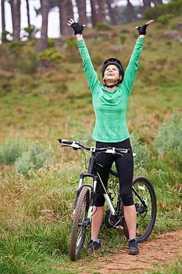 Buy stock photo Cycling, fitness and woman celebrate on mountains for success, achievement and goals in training or journey Excited person or winner with her arms up for freedom, winning and yes on bicycle in nature