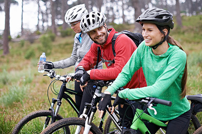 Buy stock photo Friends, cyclist and fitness on bike with for adventure, exercise and health with bonding in Chicago. Happy, trail and mountain with hobby for mindset in nature, trip and wellness for fun.  