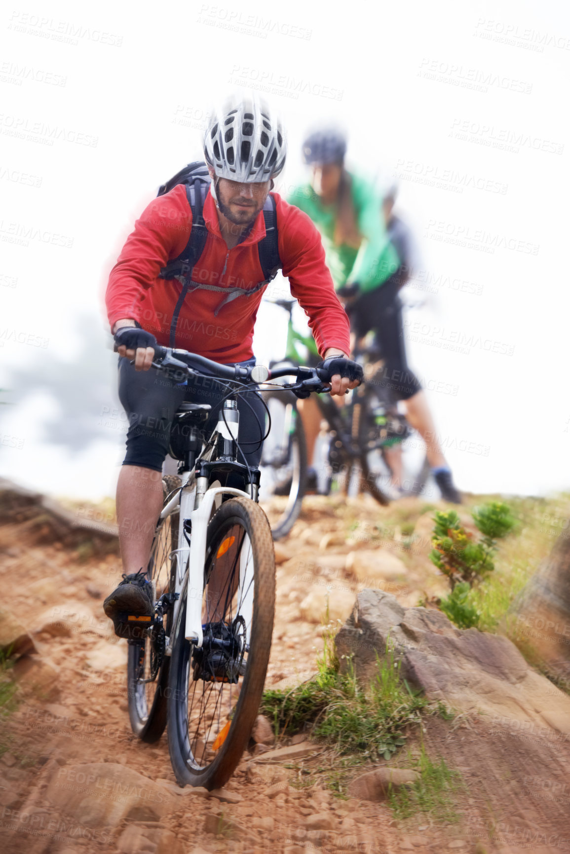 Buy stock photo Man, bicycle and cycling on dirt road for fitness, extreme sports or cardio exercise in nature. Male person, athlete or cyclist riding bike on rocky path, trail or outdoor slope with motion blur