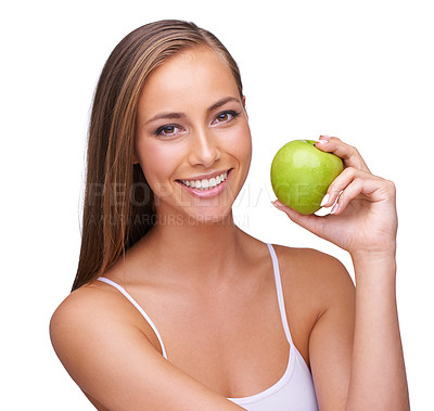 Buy stock photo Apple, wellness and portrait of woman on a white background for healthy lifestyle, cosmetics and wellbeing. Diet, healthcare and face of girl with fruit for organic products, vitamins and nutrition