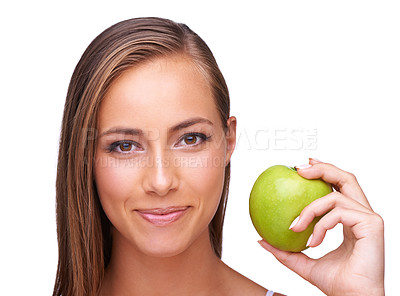 Buy stock photo Apple, wellness and portrait of woman on a white background for healthy lifestyle, cosmetics and wellbeing. Diet, digestion and face of girl with fruit for organic products, vitamins and nutrition