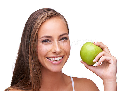 Buy stock photo Wellness, apple and portrait of woman on a white background for healthy lifestyle, cosmetics and wellbeing. Diet, digestion and face of girl with fruit for organic products, vitamins and nutrition