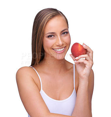 Buy stock photo Red apple and woman with teeth health isolated on white background for natural, wellness and dental advertising. Beauty, model portrait and hand holding fruit for teeth whitening results in studio