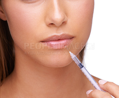 Buy stock photo Beauty, botox and woman with needle for lips isolated on white background for treatment, lip filler and injection. Cosmetics, makeup and face zoom of girl for plastic surgery, skincare and collagen