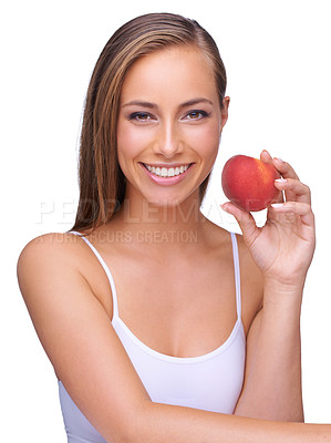 Buy stock photo Beauty woman with red apple and teeth isolated on white background for natural health, wellness and dental. Model portrait and hand holding fruit with teeth whitening results and promotion in studio